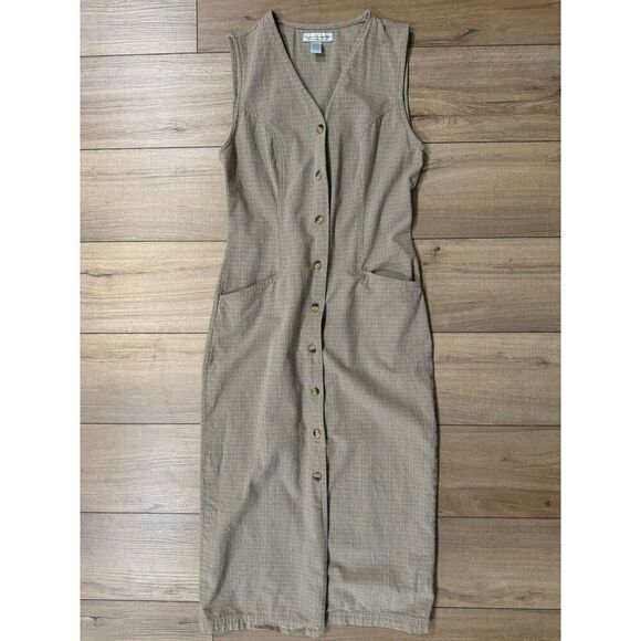 Vintage 80's Retro Gloria Vanderbilt Midi Button Front Tan Dress S Small Womens - Picture 1 of 7